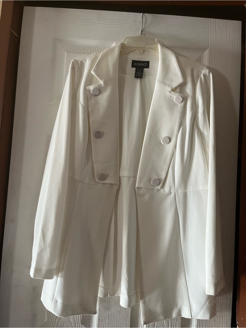 Ashro White Double-Breasted Long Blazer Jacket Size 14 - Like New